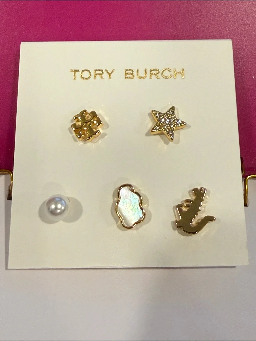 Tory Burch | Gold Plated Icon Logo, Pave & Pearl Mixed Stud Earring Set
